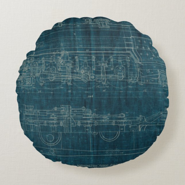 Train Blueprint I Round Pillow (Front)