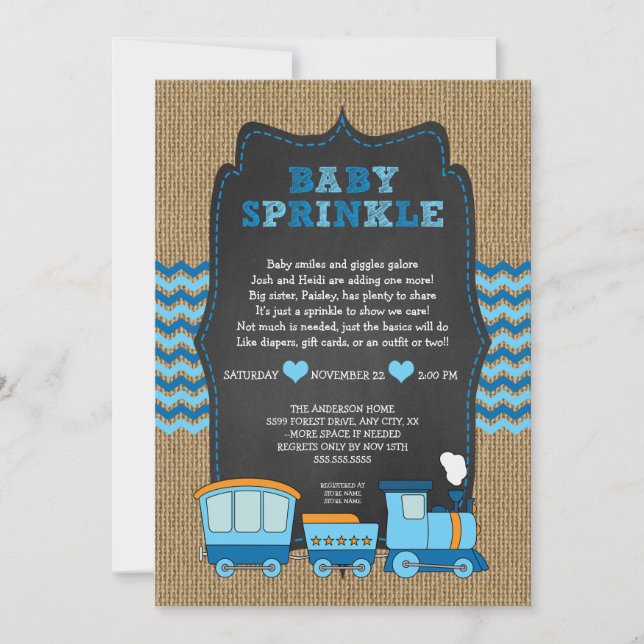 TRAIN BOY baby sprinkle / burlap chalkboard RUSTIC Invitation (Front)