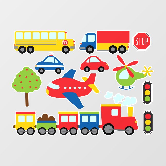 Train Bus Cars Truck Plane Helicopter, Graphic Art Wall Decal (Front)