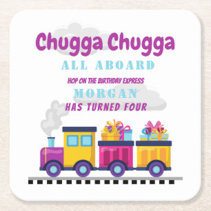Train Chugga Choo Cartoon Any Age Birthday Square Paper Coaster