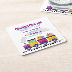 Train Chugga Choo Cartoon Second Birthday Square Paper Coaster