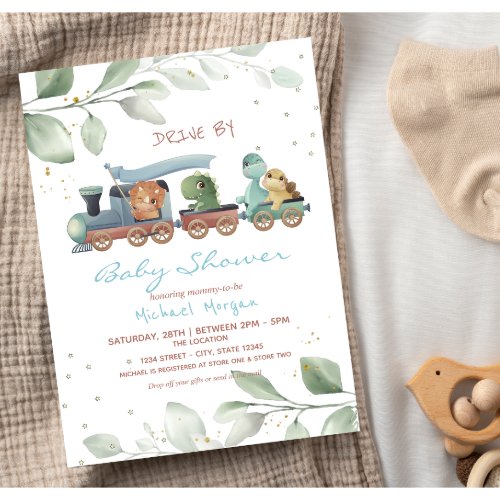Train Dinosaurs Drive By Baby Shower Invitation
