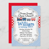 Train Engine, Baby Blue Stripes Red Polka Dots Invitation (Front/Back)