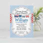Train Engine, Baby Blue Stripes Red Polka Dots Invitation (Standing Front)