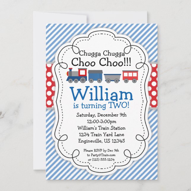 Train Engine, Baby Blue Stripes Red Polka Dots Invitation (Front)