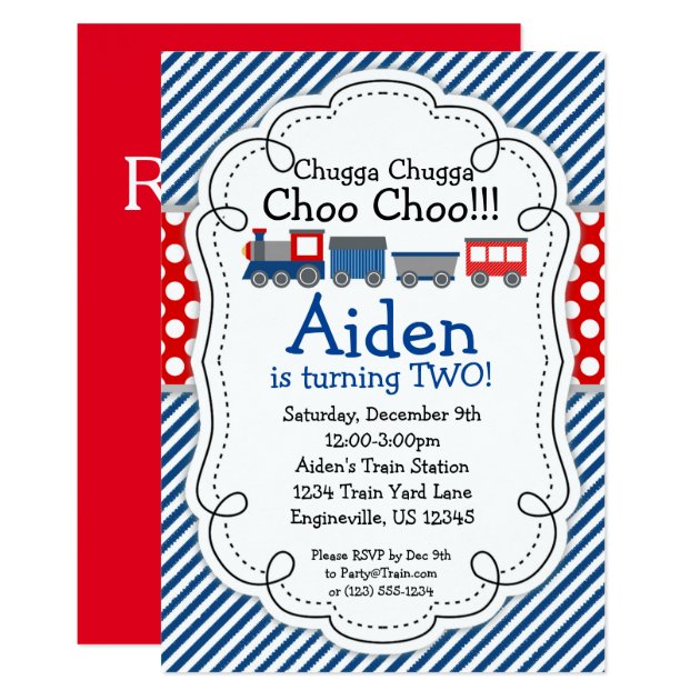 Train Engine, Blue Stripes Red Polka Dot Birthday Invitation