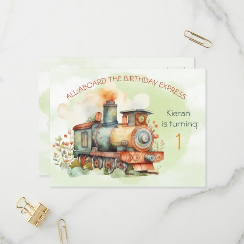 Train Engine Boy 1st Birthday Invitation postcard