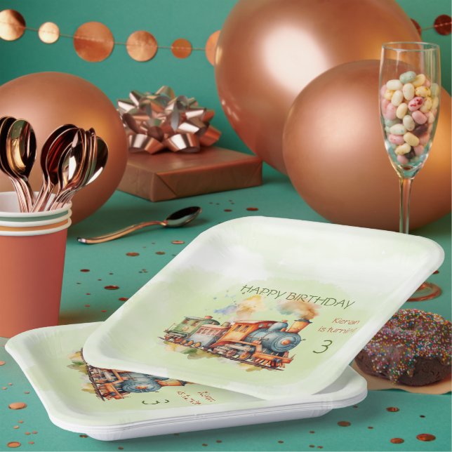 Train Engine Boy 3rd.  Birthday Paper Plates (Multi)