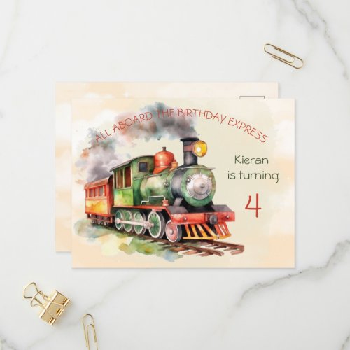 Train Engine Boy 4th Birthday Invitation postcard