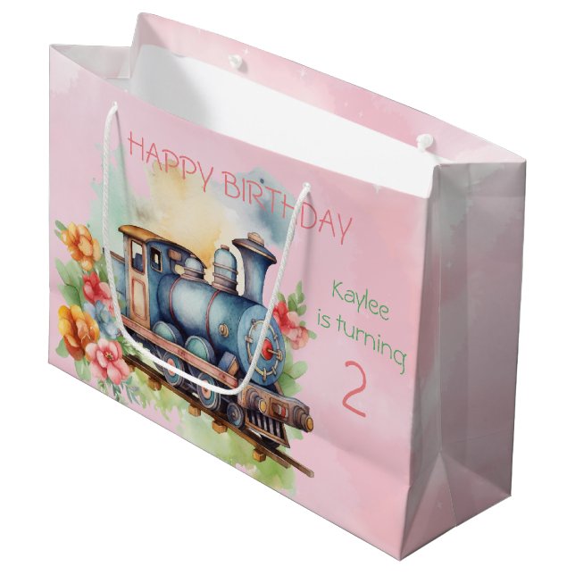 Train Engine Girl 2nd Birthday  Large Gift Bag (Front Angled)