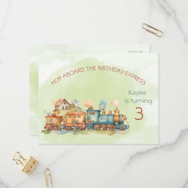 Train Engine Girl 3rd Birthday Invitation postcard (Front/Back In Situ)