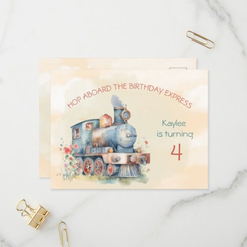 Train Engine Girl 4th Birthday Invitation postcard