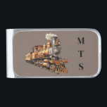 Train Engine Locomotive Monogram Silver Finish Money Clip<br><div class="desc">Steam train engine on railroad tracks. Background color can be changed. Monogram font customizable.</div>