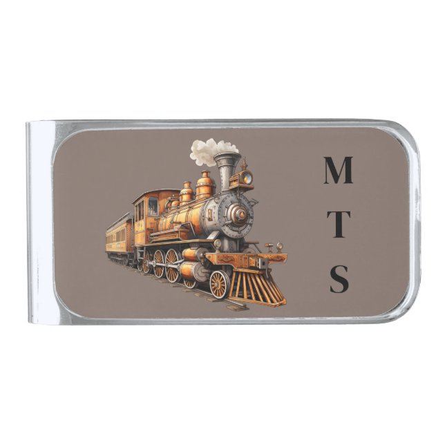 Train Engine Locomotive Monogram Silver Finish Money Clip (Front)