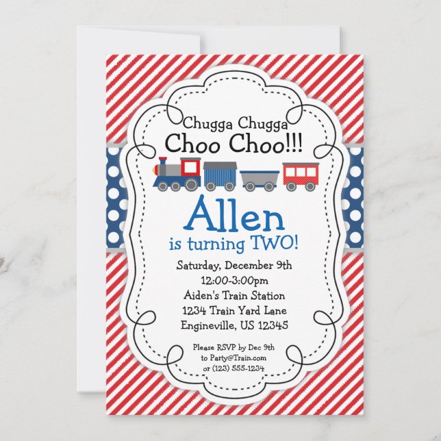 Train Engine, Red Stripes Blue Polka Dot Birthday Invitation (Front)