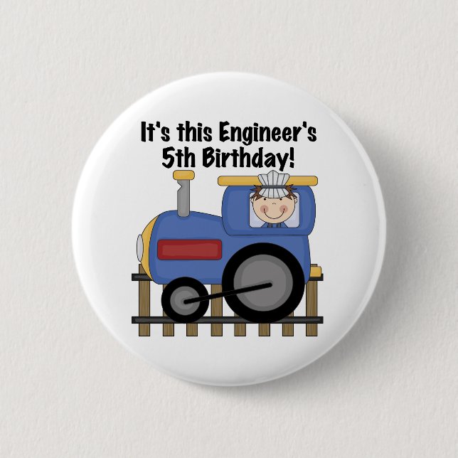 Train Engineer 5th Birthday tshirts and Gifts Button (Front)