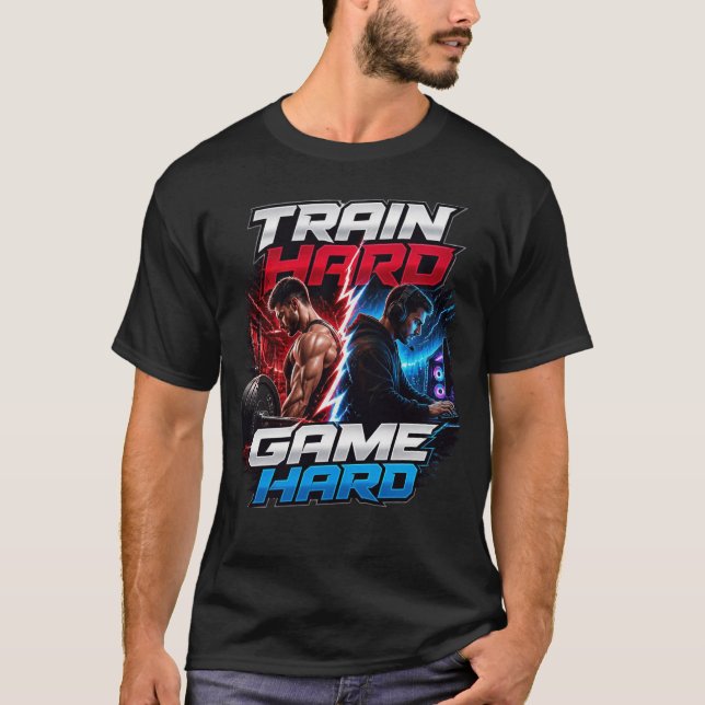 Train Hard Game Hard: High-Contrast Dynamic Split  T-Shirt (Front)