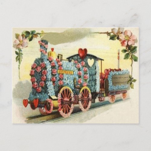 Train Heart Rose Forget_Me_Not Flower Postcard