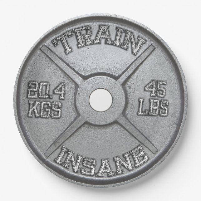 Train Insane (Barbell Plate) Workout Motivational Paper Plates (Front)