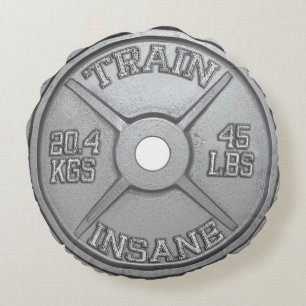 Train Insane (Barbell Plate) Workout Motivational Round Pillow