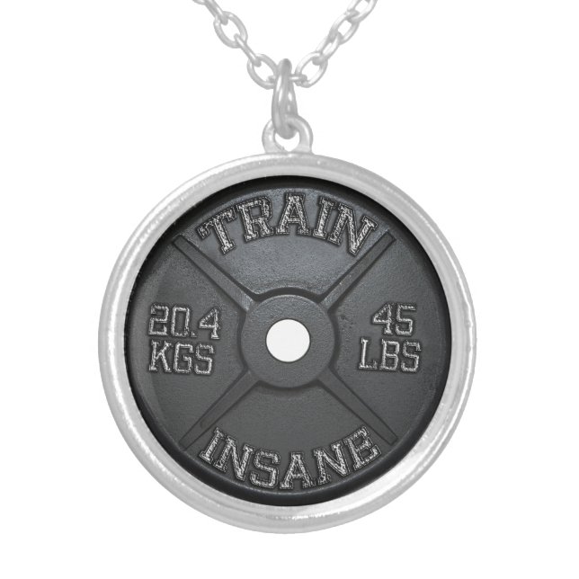 Train Insane (Barbell Plate) Workout Motivational Silver Plated Necklace (Front)