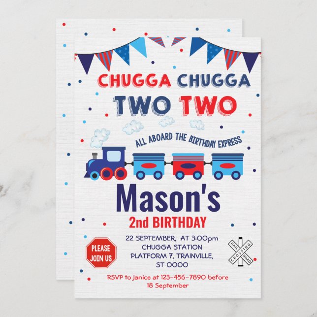 Train Invitation, for a Boy, 2nd Birthday Invitation (Front/Back)