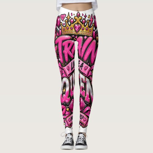 Train Like A Queen Pink Gym Motivation Typography Leggings