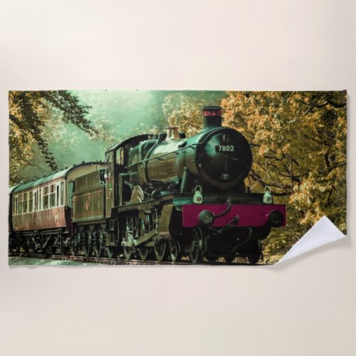 Train Locomotive Retro Vintage Fall Leaves Beach Towel