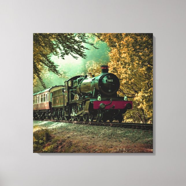 Train Locomotive Retro Vintage Fall Leaves Canvas Print (Front)