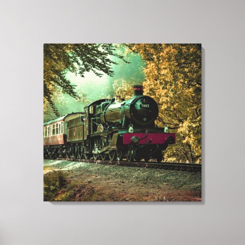 Train Locomotive Retro Vintage Fall Leaves Canvas Print