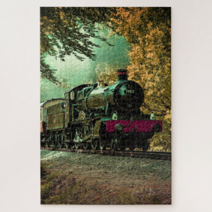 Train Locomotive Retro Vintage Fall Leaves Jigsaw Puzzle