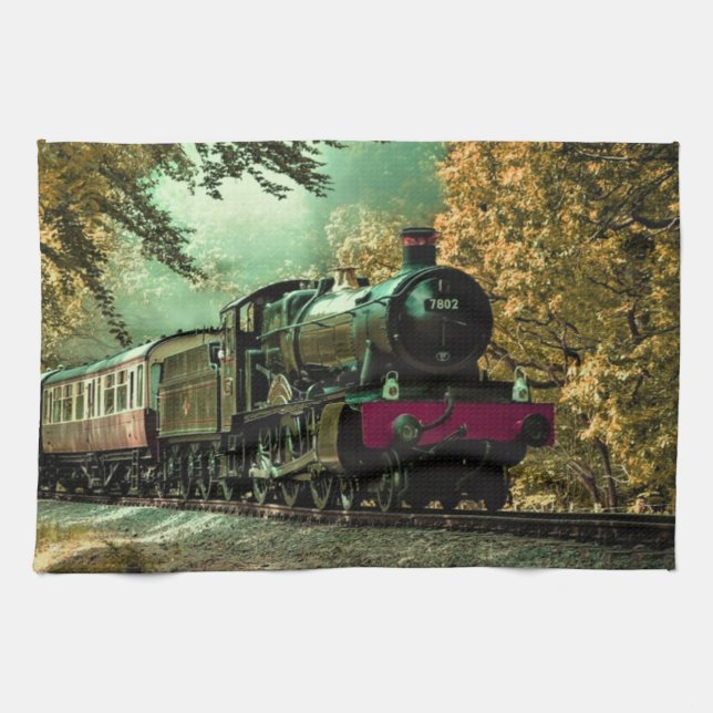 Train Locomotive Retro Vintage Fall Leaves Kitchen Towel (Horizontal)
