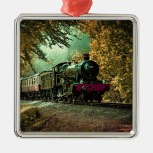 Train Locomotive Retro Vintage Fall Leaves Metal Ornament