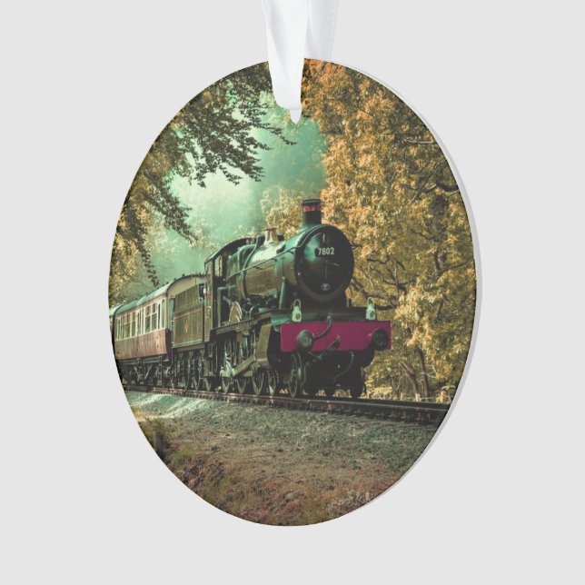 Train Locomotive Retro Vintage Fall Leaves Ornament (Front)