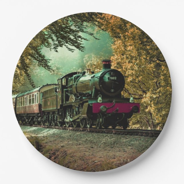 Train Locomotive Retro Vintage Fall Leaves Paper Plates (Front)