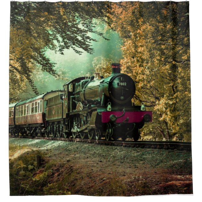 Train Locomotive Retro Vintage Fall Leaves Shower Curtain (Front)