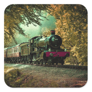 Train Locomotive Retro Vintage Fall Leaves Square Sticker