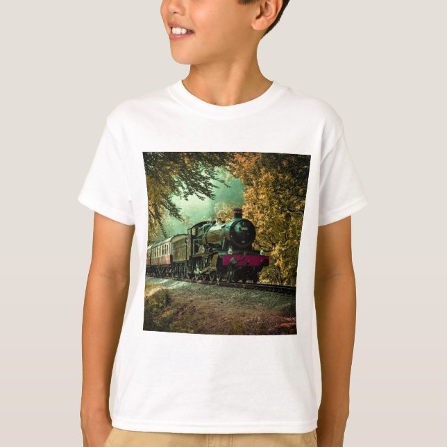 Train Locomotive Retro Vintage Fall Leaves T-Shirt (Front)
