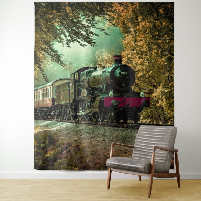 Train Locomotive Retro Vintage Fall Leaves Tapestry (In Situ)