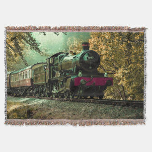 Train Locomotive Retro Vintage Fall Leaves Throw Blanket