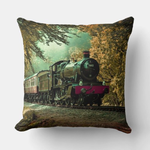 Train Locomotive Retro Vintage Fall Leaves Throw Pillow