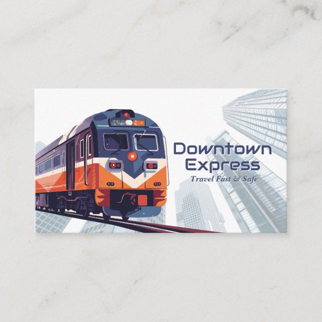 Train on the Tracks | Downtown City Skyscrapers Business Card (Front)