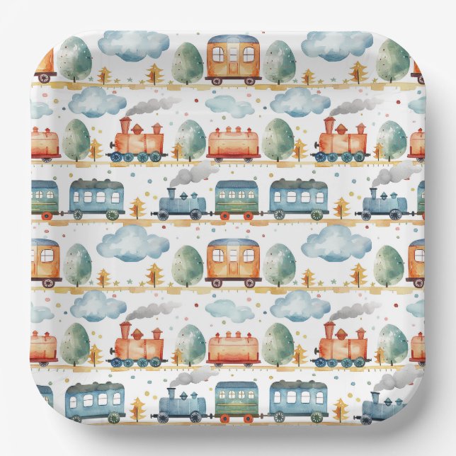 Train Paper Plates, Steam Engine Party Supplies Plates (Front)