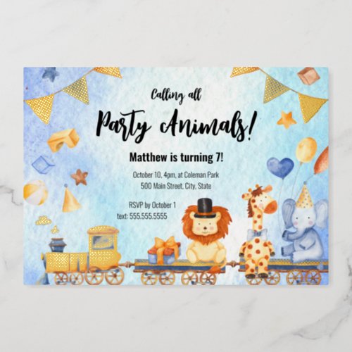 Train Party Animals Kid Jungle Birthday Party Gold Foil Invitation