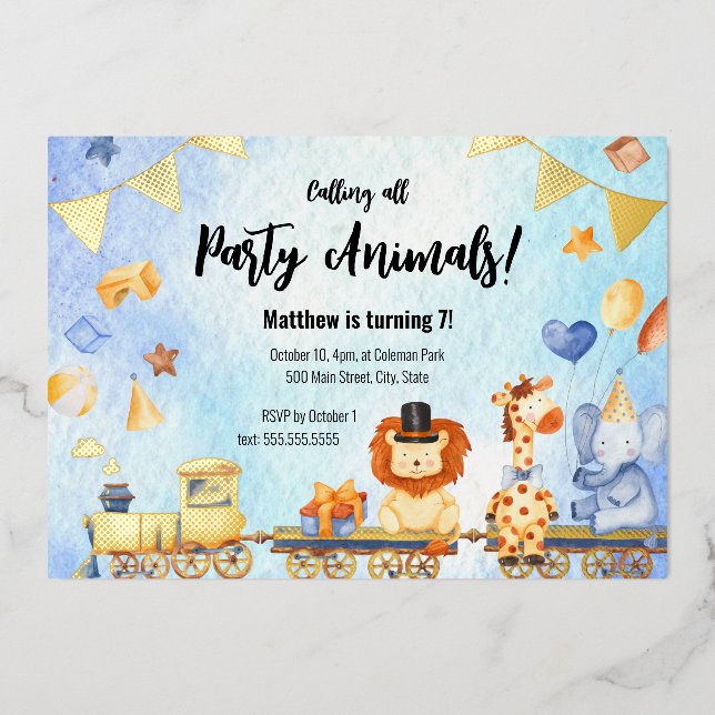 Train Party Animals Kid Jungle Birthday Party Gold Foil Invitation (Front)