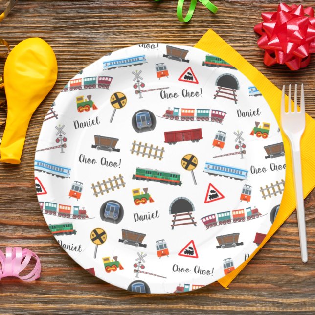 Train Pattern Boy Name Choo Choo Kids Birthday Paper Plates (Creator Uploaded)