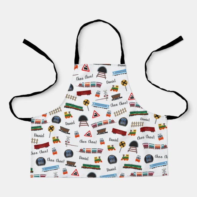 Train Pattern Little Boy First Name Choo Choo Kids Apron (Front)