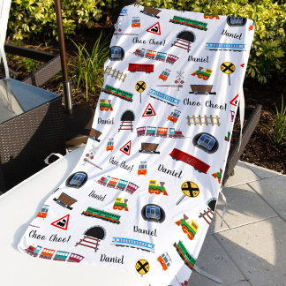 Train Pattern Little Boy First Name Choo Choo Kids Beach Towel