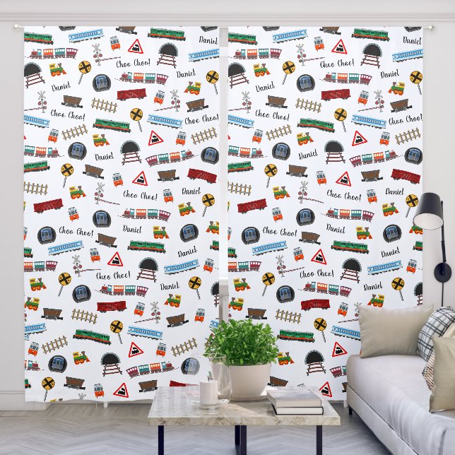 Train Pattern Little Boy First Name Choo Choo Kids Blackout Curtains (Living Room)