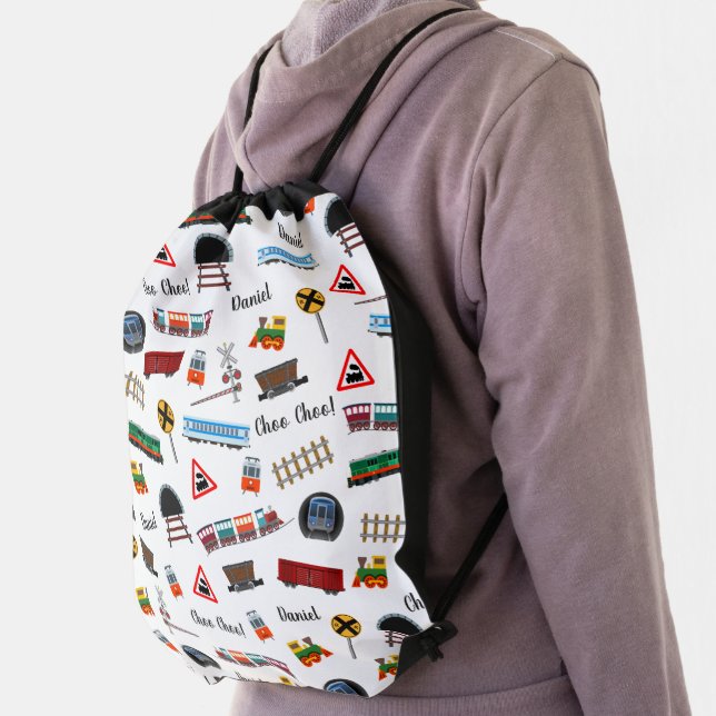 Train Pattern Little Boy First Name Choo Choo Kids Drawstring Bag (Insitu)